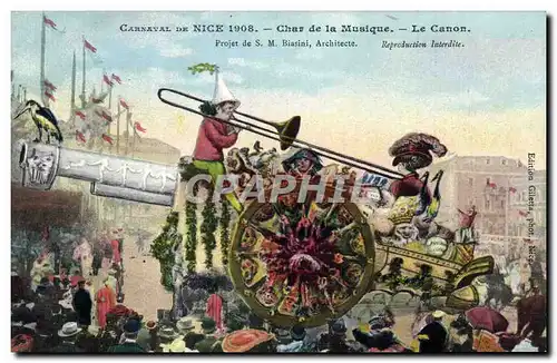 Cartes postales Carnaval de Nice 1908 Char de la musique Le canon