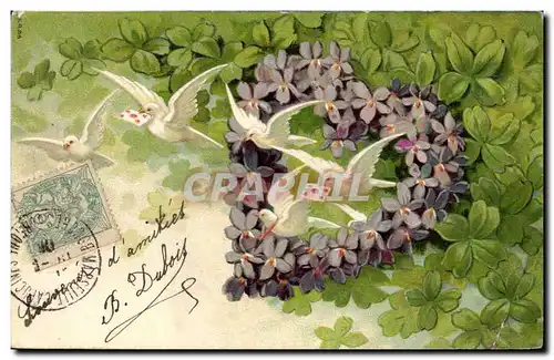 Cartes postales Fantaisie Fleurs Colombes Trefles