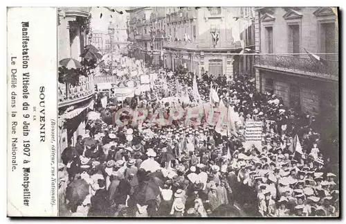 Cartes postales Vin Vendanges Manifestation agricole du 9 juin 1907 a Montpellier Le defile dans la Rue National