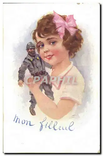 Cartes postales Fantaisie Enfant Poupee Notre filleul Militaria