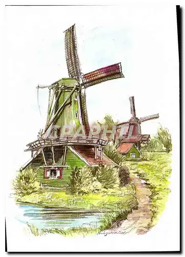 Cartes postales moderne Schilderll de Zaanse Schans met groene Molen de Husman op de Voorgrond