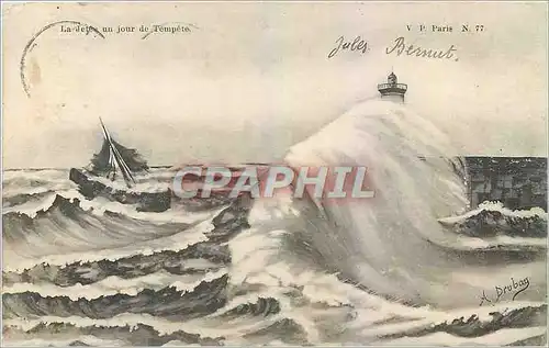 Cartes postales La Jetee un jour de Tempete Phare