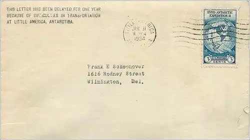 Lettre Cover Etats-Unis Little America Antartica Byrd Expedition 1934 Rare Polar Theme Polaire Delay