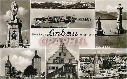 Cartes postales moderne Gruss aus Lindau Im Bodensee Lion Bateau Phare