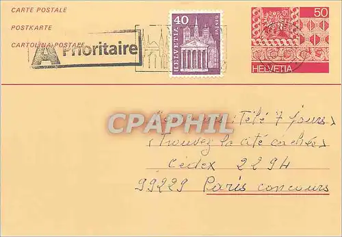 Entier Postal Suisse 1991 pour Paris