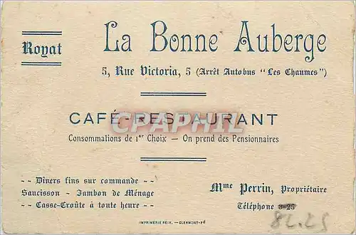 Carte de visite La Bonne Auberge Royat Rue Victoria Cafe Restaurant