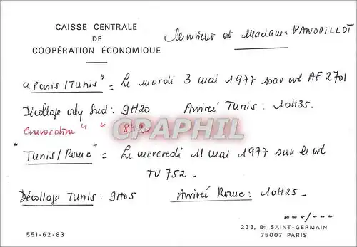 Carte Caisse Centrale de Cooperation Economique Bd Saint Germain Paris Vol Paris Tunis 1977 Air Fran