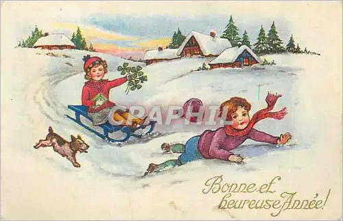 Cartes postales Bonne et heureuse Annee Dessins Luge