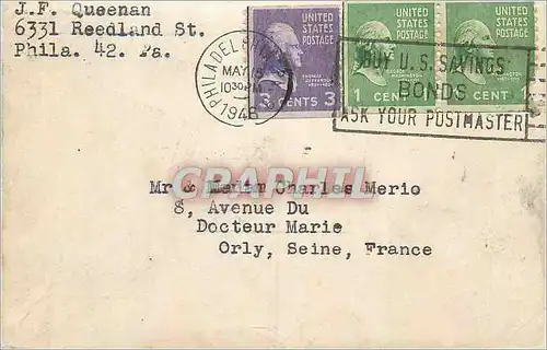 Lettre J F Queenan Reedland St Phila Pa Pour Merio Orly 1948 Philadelphia Buy US Savings