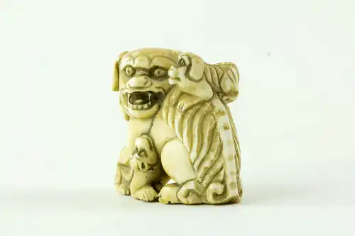 Netsuke, Japan, Meiji-Zeit, Elfenbein, signiert, Shishi mit zwei Jungen, fein geschnitzt, leichte Tragespuren, H: 3,5 cm.