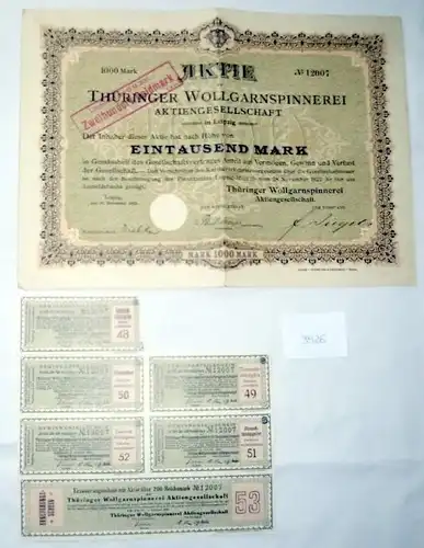 Thüringer Wollgarnspinnerei AG  1.000 M 30.11.1922 Leipzig plus Erneuerungsschein/Umgestellt auf GM 200