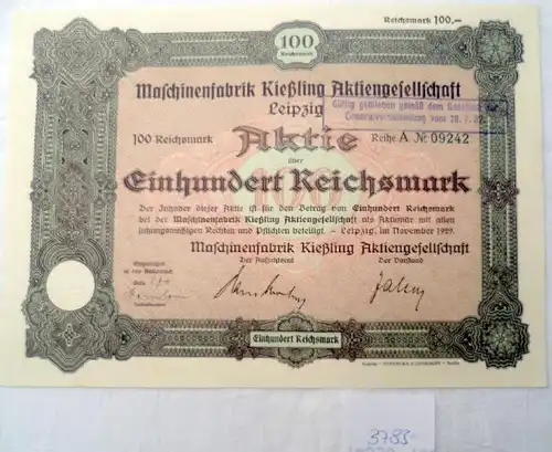 Maschinenfabrik Kißling Aktiengesellschaft Leipzig en novembre 1929 plus de 100 Reichsmark