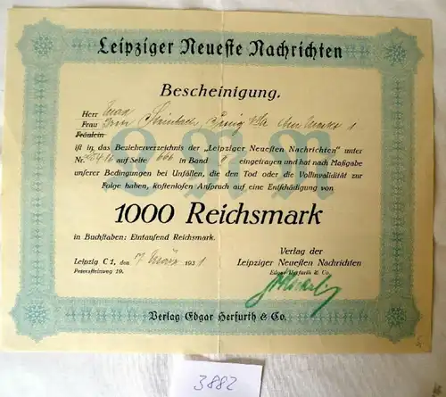 Leipziger Dernières nouvelles Certificat d'assurance sur 1000 RM, 07.03.1931