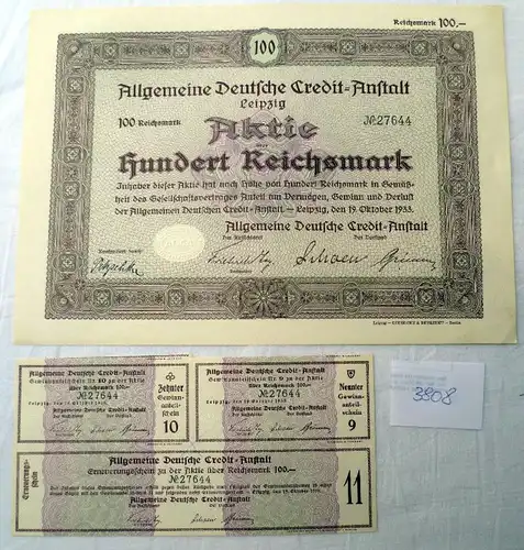 General Deutsche Credit Anstalt 100 RM 19.10.1933, Leipzig plus renouvellement