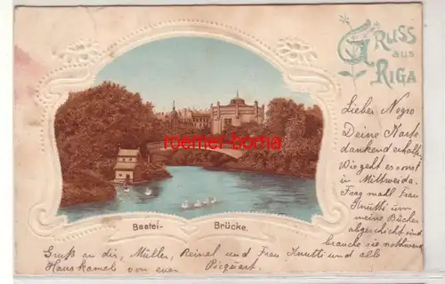 12986 geprägte Ak Gruss aus Riga Bastei-Brücke 1902