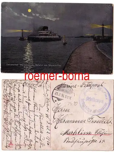 70121 Ak Ostseebad Warnemünde Abfahrt Fährschiff 1916 Feldpost Seeflugstation