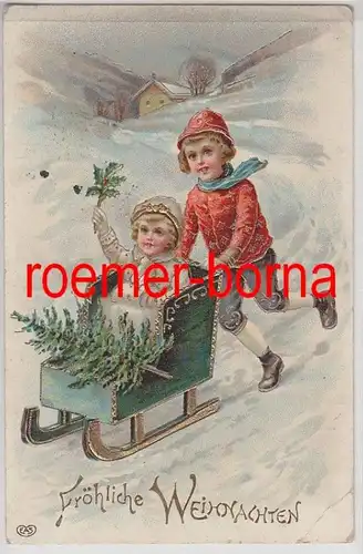 81197 geprägte Künstler Ak 'Fröhliche Weihnachten' Kinder mit Schlitten um 1910