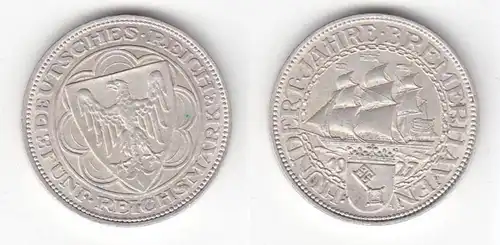 5 Mark argent pièce 100 ans Bremerhaven 1927 A chasseur 326 (131586)