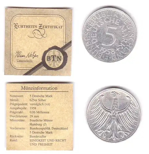 5 Mark pièce d'argent pièce de cours BRD 1958 J J Jager 387 (111966)