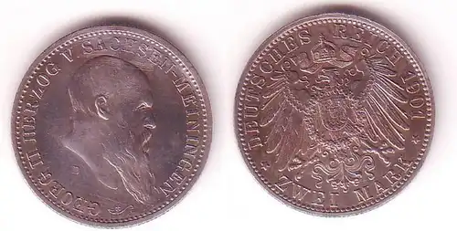 2 Mark Silber Münze Sachsen Meiningen Herzog Georg II 1901 vz+ (105504)
