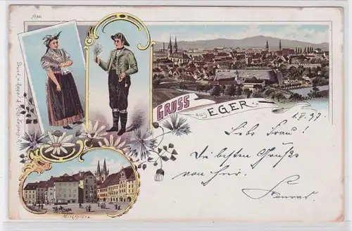 77397 Ak Lithographie Gruss aus Eger Cheb Totalansicht, Marktplatz um 1900