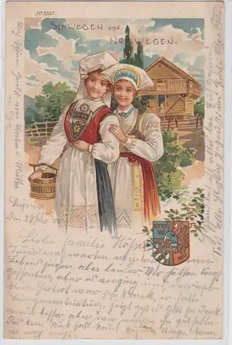 90916 Wappen Ak Schweden und Norwegen Frauen in Tracht 1900