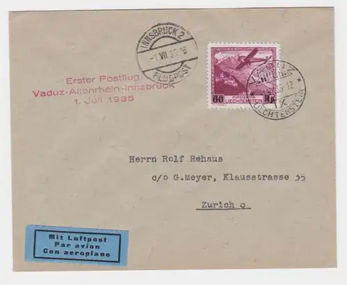 92390 Aéroports POST I. Vol postal Vaduz-Altenrhein-Innsbruck 1er juillet 1935 à Zurich