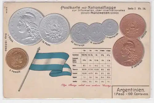 08093 Präge Ak mit Abbildungen von Münzen Argentinien und Nationalflagge um 1900