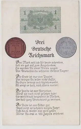 69884 Münz Ak 'Drei Deutsche Reichsmark' aus Papier, Porzellan & Silber um 1923