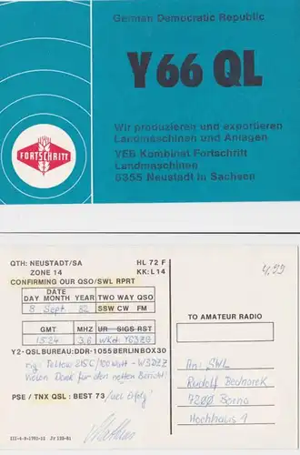 89731 QSl Funker Karte VEB Kombinat Fortschritt Landmaschinen Neustadt 1982