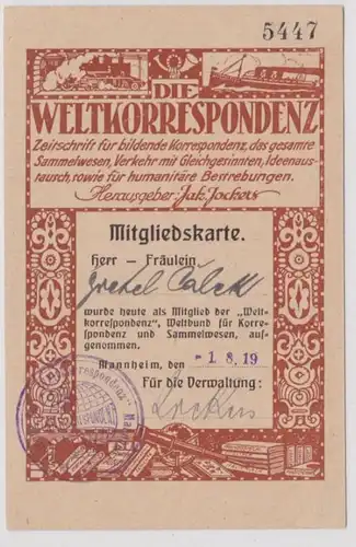 60345 Carte membre Correspondance mondiale et collecte Mannheim 1919