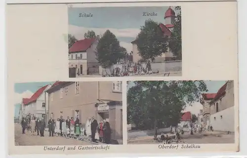 66244 Mehrbild Ak Oberdorf Schelkau bei Teuchern Gasthof, Kirche, Schule um 1910