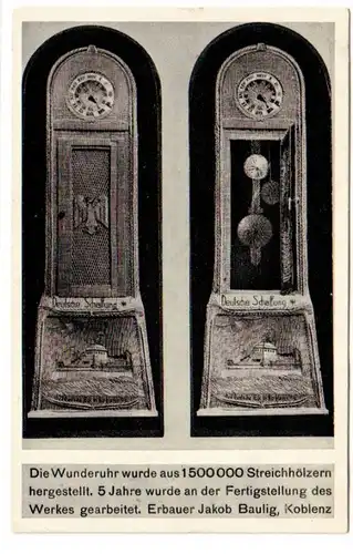65349 Ak Wunderuhr aus 1 500 000 Streichhölzern um 1930