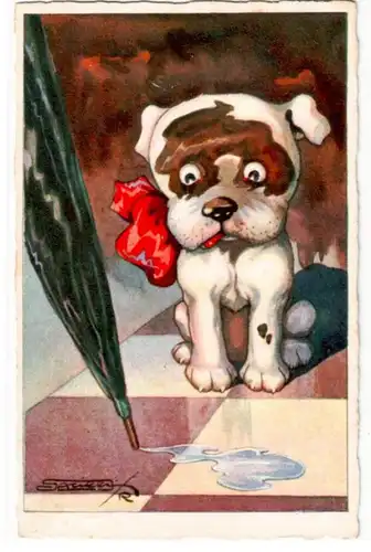 63733 Humor Ak Hund neben tropfendem Regenschirm 1927