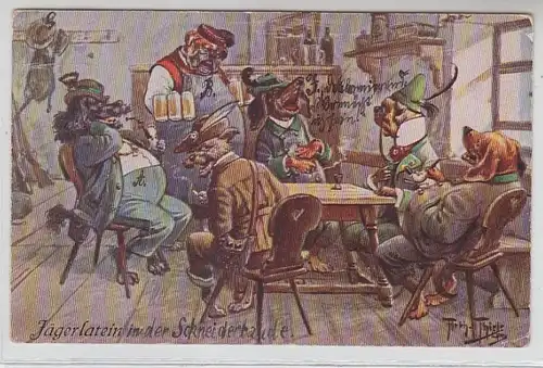 63601 Arthur Thiele Humor Ak "Jägerlatein" Hunde zechen im Lokal um 1915