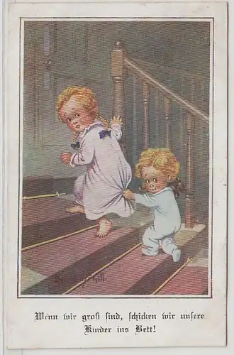 43370 Humor Ak 2 kleine Kinder auf der Treppe 1925