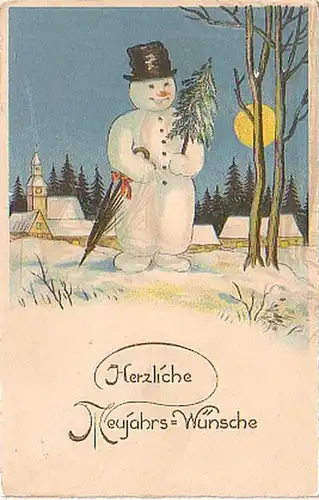 16072 Neujahrs Ak Schneemann im Mondschein 1932