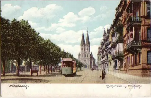 13626 Ak Wiesbaden Rheinstraße mit Ringkirche um 1910