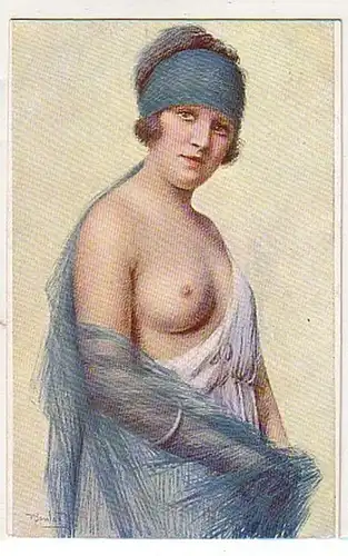 02890 Ak érotique Dame nue avec chiffon bleu vers 1930