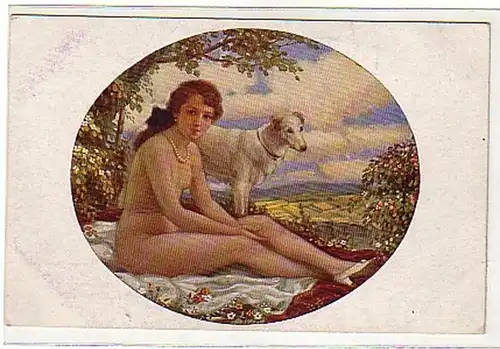 02875 Ak érotique fille nue avec chien vers 1920