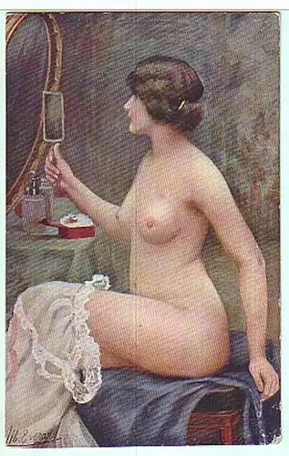 02851 Ak érotique fille nue devant miroir vers 1920