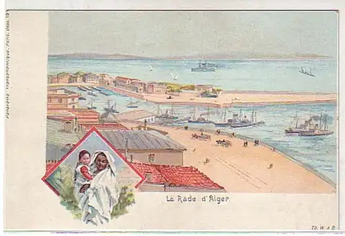 00637 Ak Lithographie Afrika Hafen von Algier um 1900