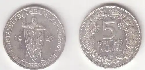 5 Mark Argent Pièce 1000 Fête de la Rhénanie 1925 E