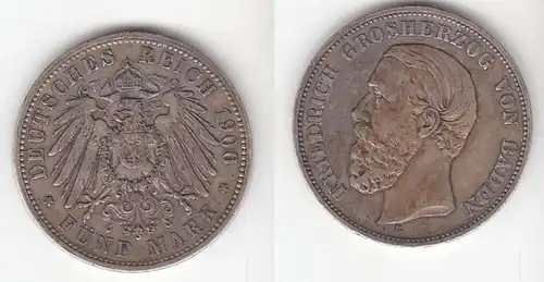 5 Mark Silbermünze Baden Großherzog Friedrich 1900 Jäger 29  (111181)