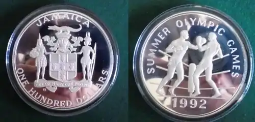 100 dollars pièce d'argent Jamaica Jeux Olympiques de Barcelone 1992 (120646)