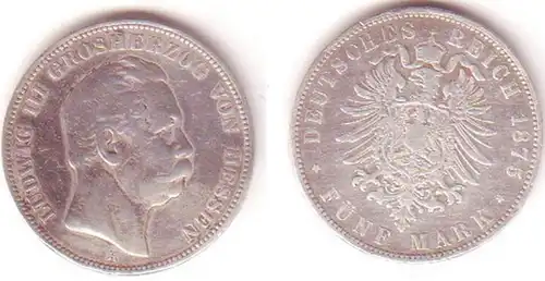 5 Mark Silber Münze Hessen Großherzog Ludwig III 1875 (MU1084)