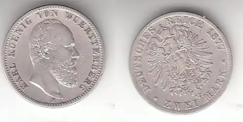 2 Mark argent pièce Württemberg Roi Charles 1877 F (112941)