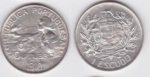 1 Escudo Silber Münze Portugal Outubro 1910 vz. KM 560 (140501)