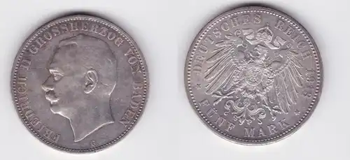 5 Mark Silbermünze Baden Großherzog Friedrich II 1913 Jäger 40 vz+ (144479)