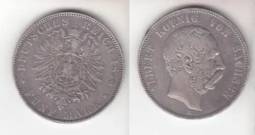 5 Mark pièce d'argent Saxe Roi Albert 1875 Chasseur 125 (111299)